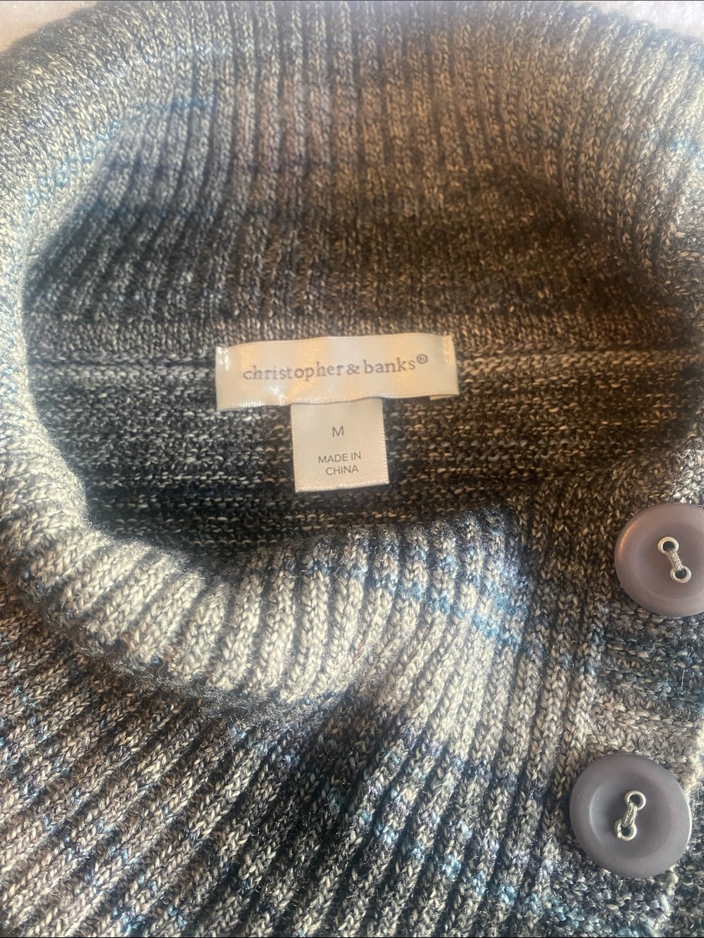 Christopher & Banks Heathered Gray Ribbed Cowl Neck Sweater with Buttons